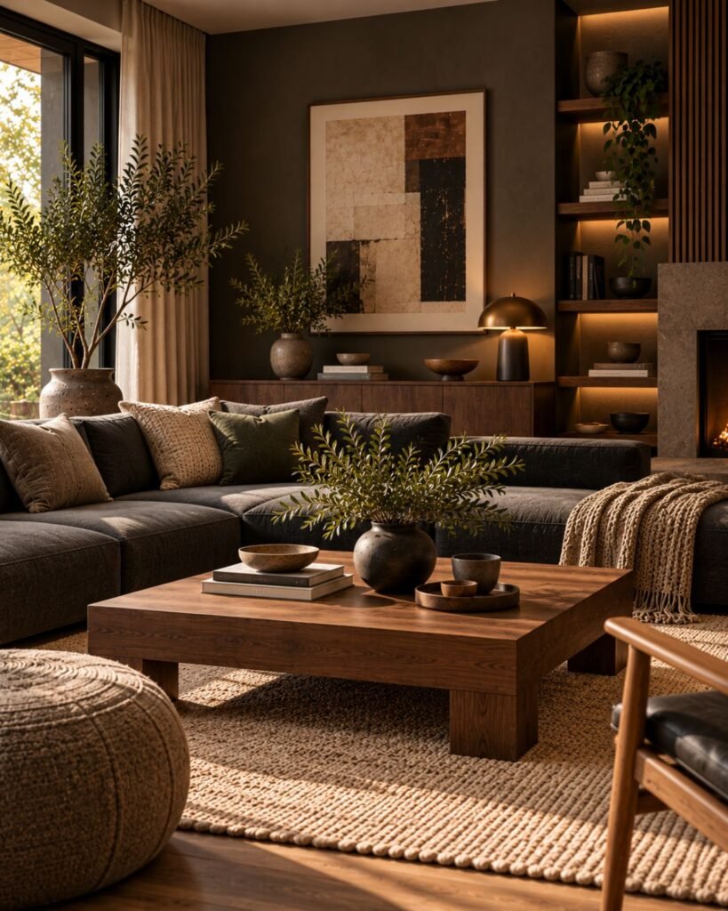 Dark Japandi living room with walnut furniture, charcoal accents, warm neutral walls and simple natural textiles