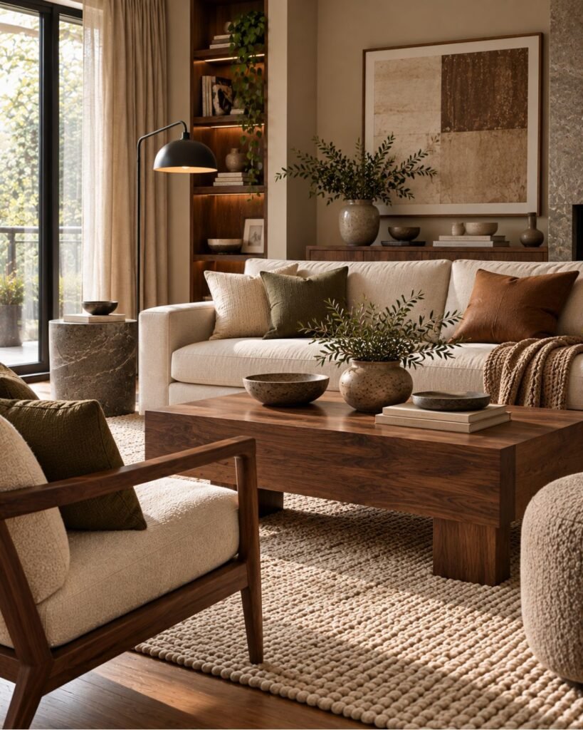 Organic modern living room with dark walnut, cream linen, honed stone, wool, and black lighting
