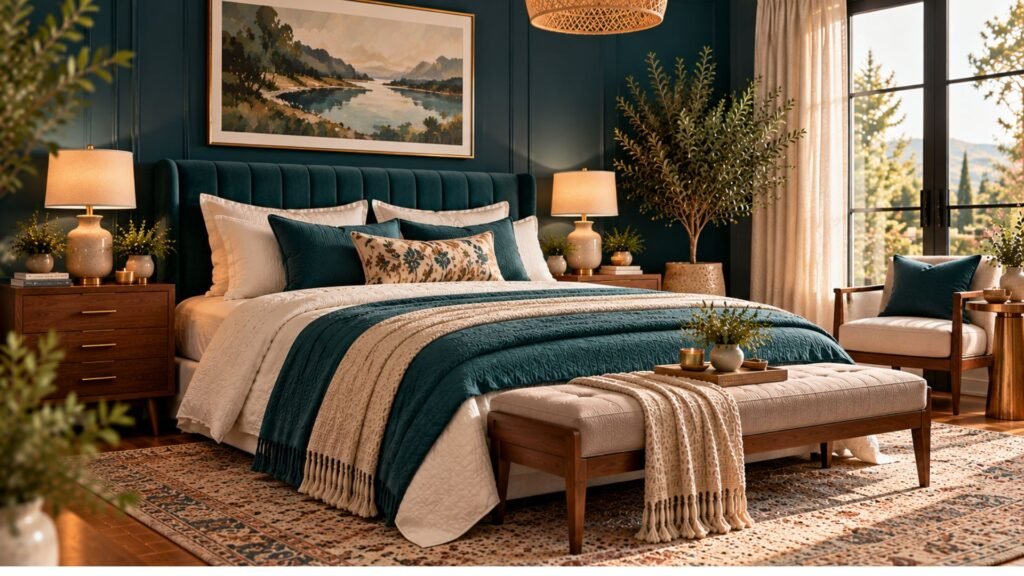 Deep teal bedroom with walnut furniture, warm brass accents and contrasting ivory bedding.