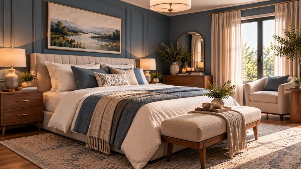 Dusty blue small master bedroom with warm walnut furniture, ivory bedding and sophisticated modern-classic styling