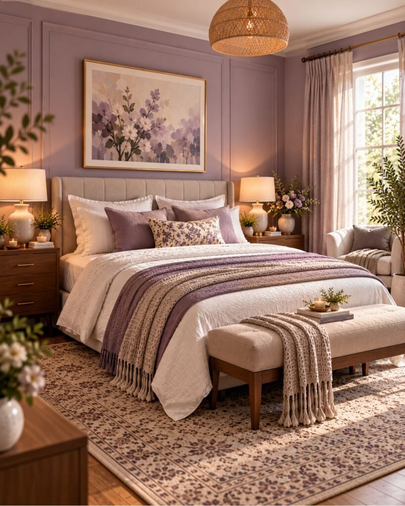 Dusty lavender bedroom with taupe upholstery, dark wood furniture and sophisticated neutral accents.