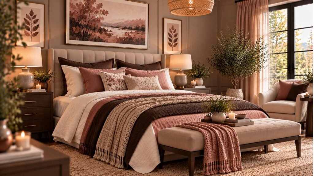 Elegant bedroom with dusty rose bedding, chocolate brown accents, upholstered headboard and warm neutral walls.