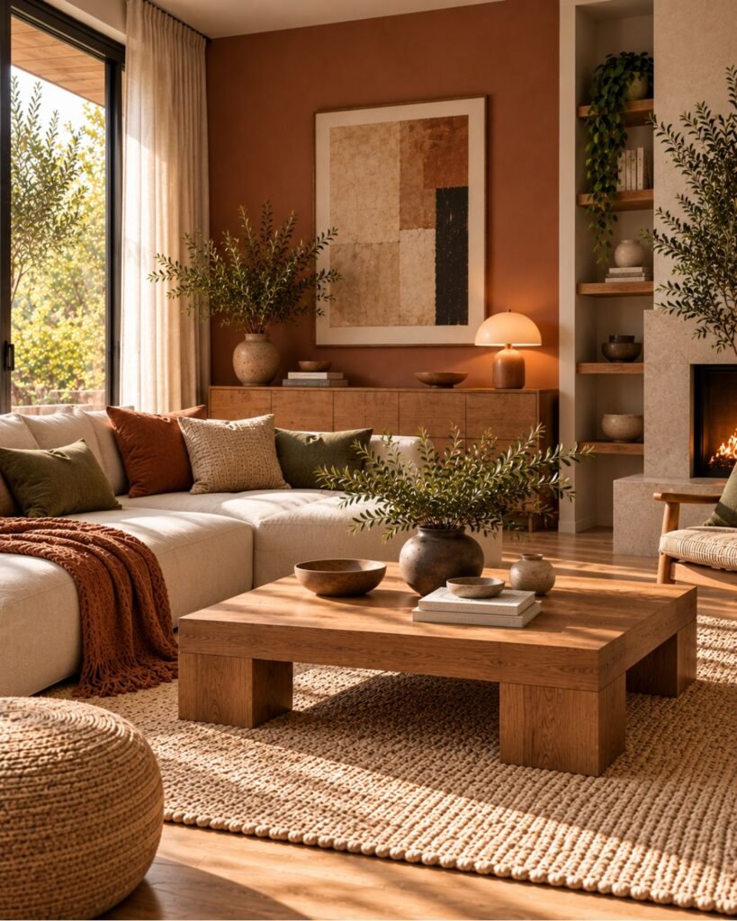 Earthy Japandi living room with natural wood, muted clay accents, textured neutral upholstery and restrained decor