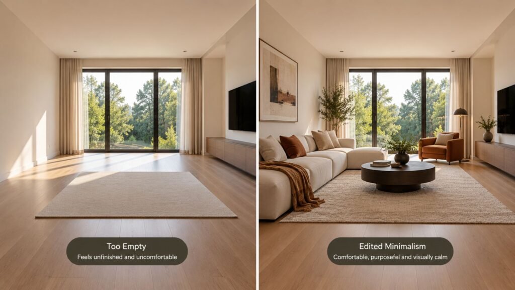 Side-by-side minimalist living rooms showing an under-furnished empty room and an edited but comfortable room with purposeful furniture