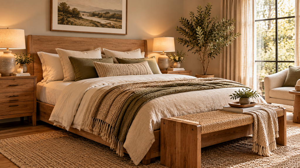 Close-up of layered bedroom bedding with a quilt, soft duvet, textured throw and neutral pillows
