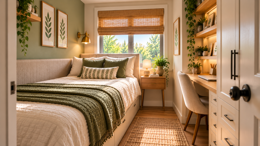 Small bedroom floor plan showing furniture arranged around an awkward door swing while keeping the entrance and wardrobe accessible.