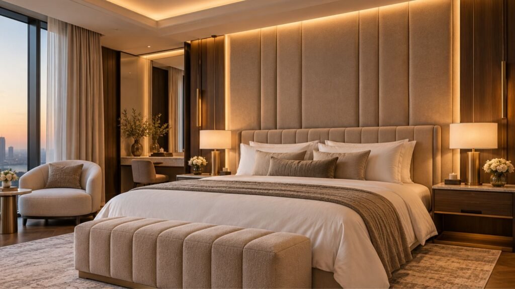 Five-star hotel-inspired luxury bedroom with a wall-to-wall upholstered headboard and integrated lighting