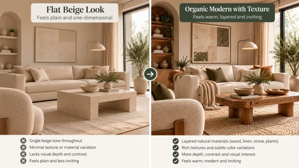 Comparison of a flat beige living room with the same palette using linen, oak, wool, stone, and ceramic texture