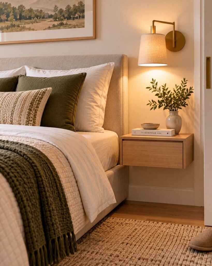 Floating bedside drawer and wall-mounted light beside a bed in a compact bedroom
