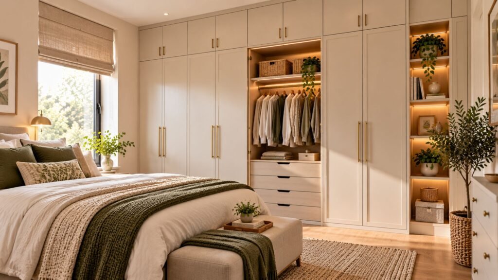Floor-to-ceiling wardrobe in a small bedroom using vertical wall space for closed storage