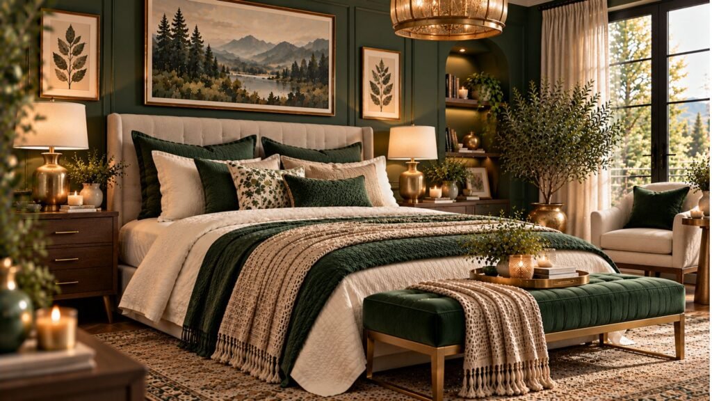 Classic bedroom with forest green paneled walls, antique brass lighting, cream upholstered bed and green velvet bench.