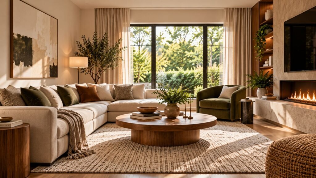 Finished balanced living room showing how to design a living room from start to finish with correctly scaled furniture, coordinated materials, layered lighting and restrained decoration