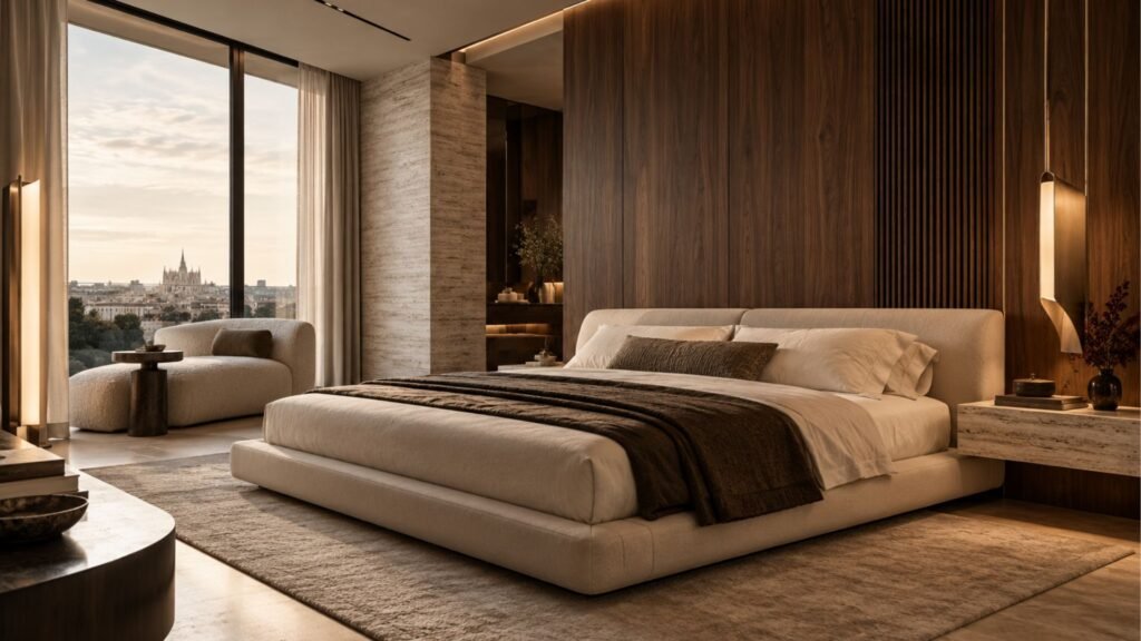Italian modern luxury bedroom featuring travertine stone, walnut wall paneling and sculptural lighting