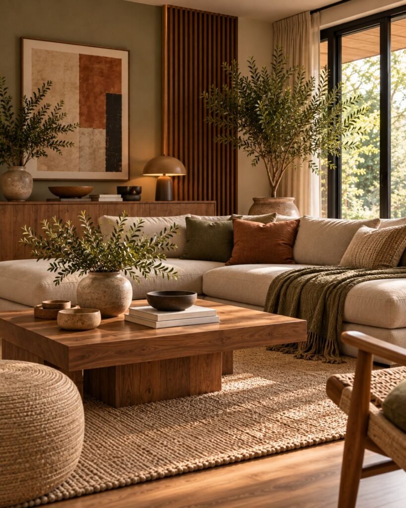 Japandi living room using warm neutral upholstery, dark wood, charcoal accents and a restrained earthy color palette