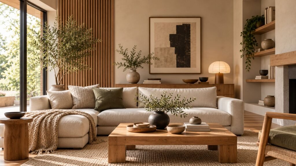 Japandi living room with a low neutral sofa, natural wood furniture, textured rug and restrained ceramic decor