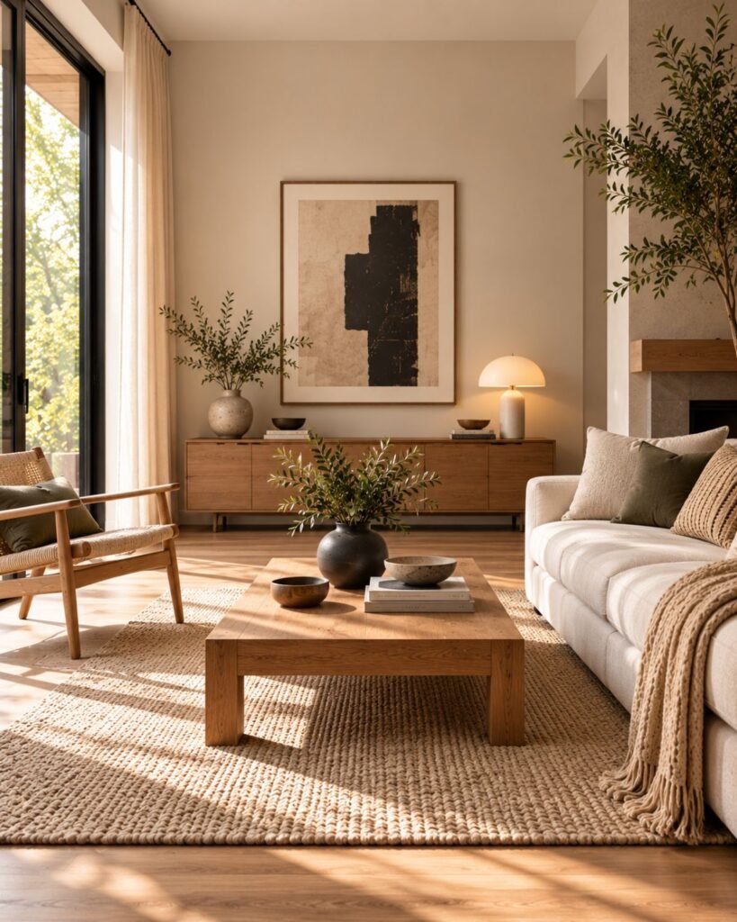 Restrained Japandi living room with deliberate open space around simple wood furniture and a neutral sofa