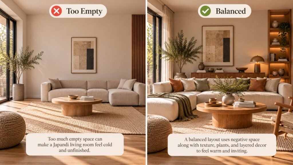 Comparison of an overly empty beige living room with a balanced Japandi room using natural material variation, comfortable furniture and restrained decor
