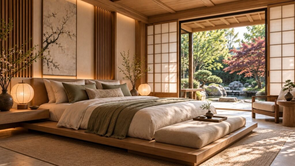 Japanese-inspired luxury bedroom with a low timber platform bed, wood screens and framed garden views