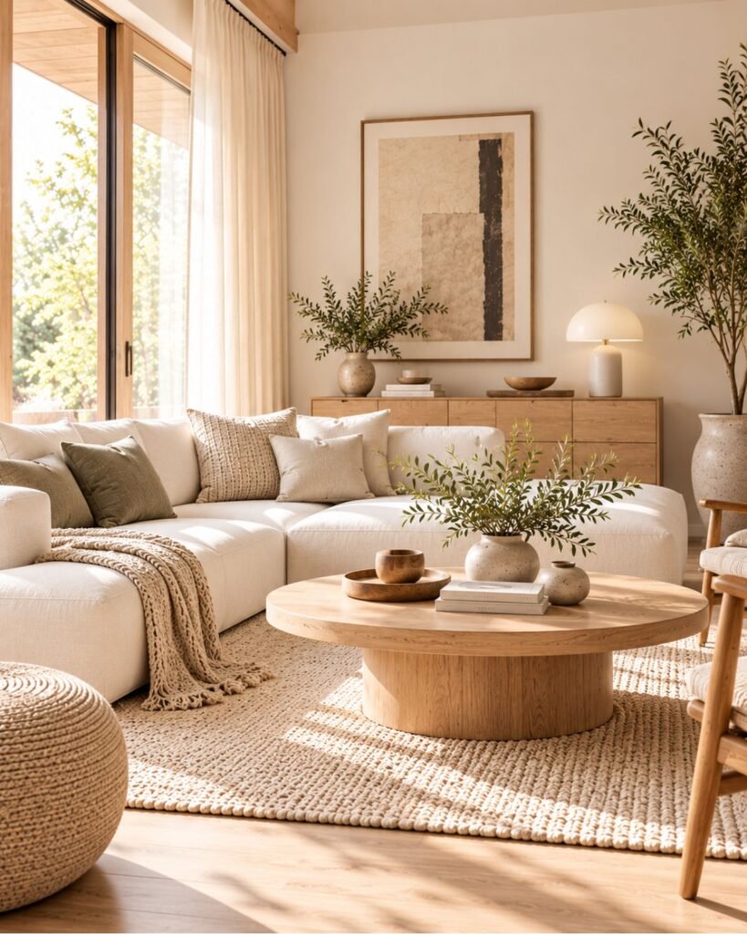 Light Japandi living room with warm white walls, pale oak furniture, neutral upholstery and minimal ceramic decor