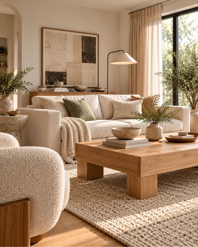 Light organic modern living room with warm white walls, pale oak, linen, wool, and matte stone