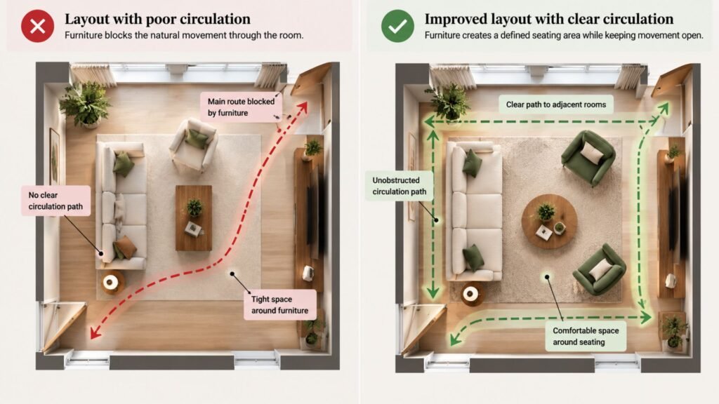 Living room floor plan comparing obstructed circulation with clear pathways around a well-planned seating area