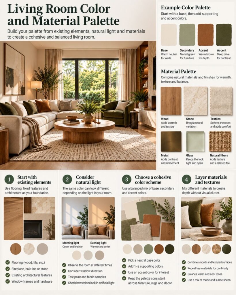 Living room color and material palette developed from existing flooring, sofa upholstery, wall color, timber and accent textiles