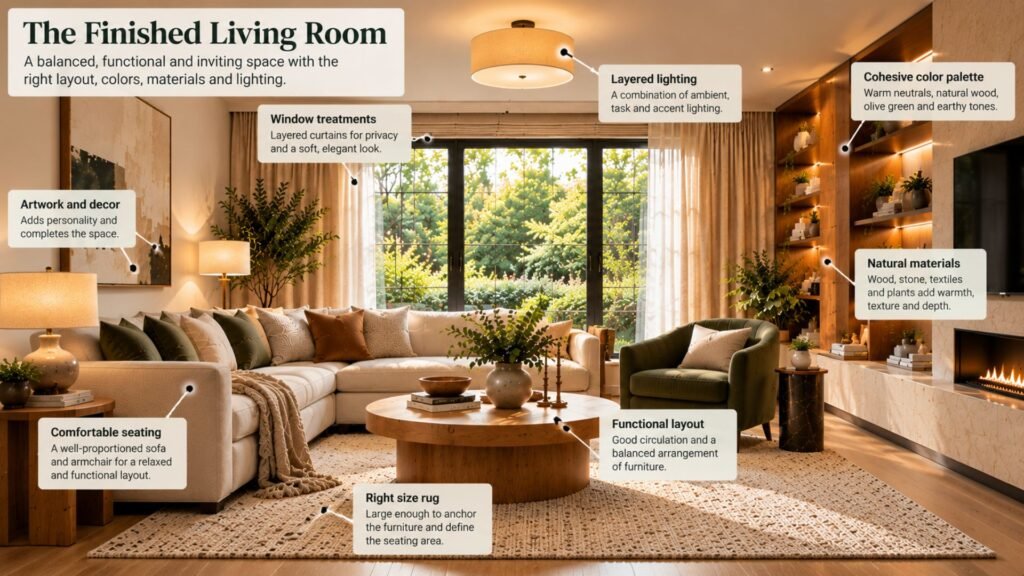 Completed living room showing the result of a function-first design process with clear circulation, balanced furniture, coordinated color and layered lighting