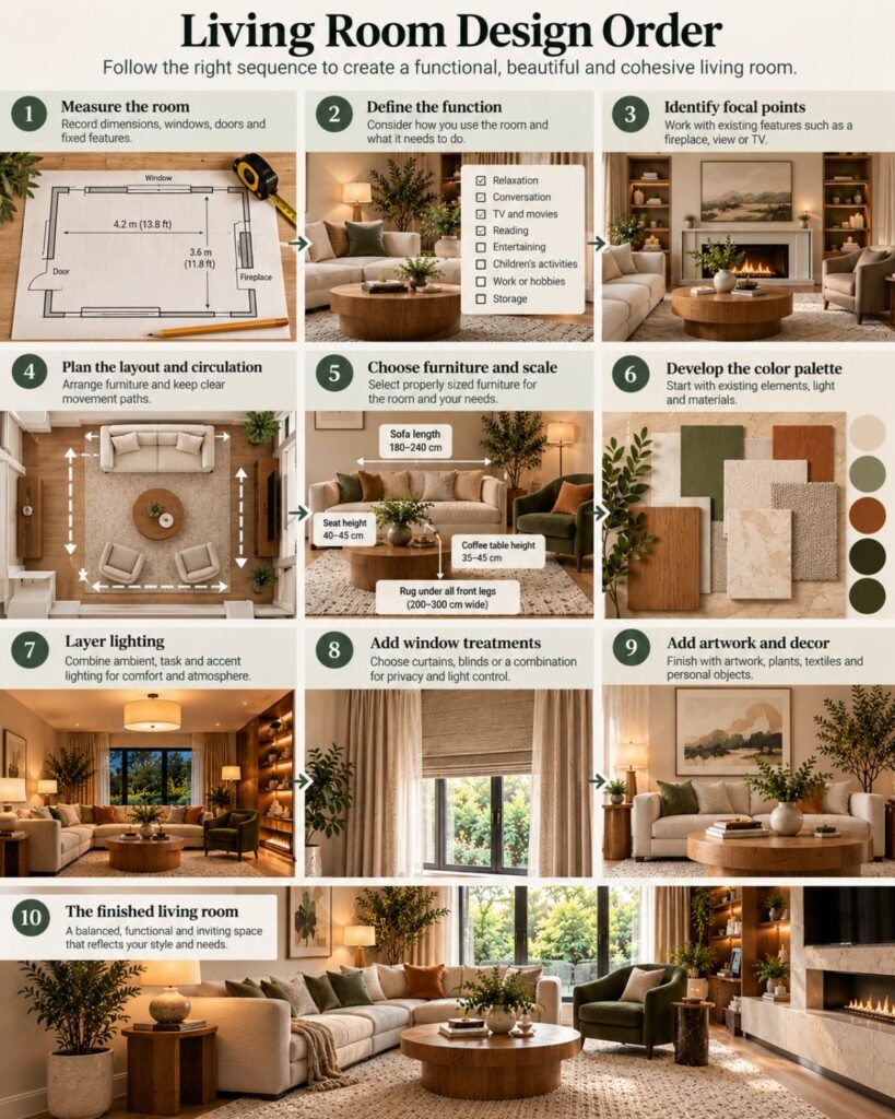 Living room design sequence showing constraints, function, layout, furniture, palette, lighting and final decoration in order