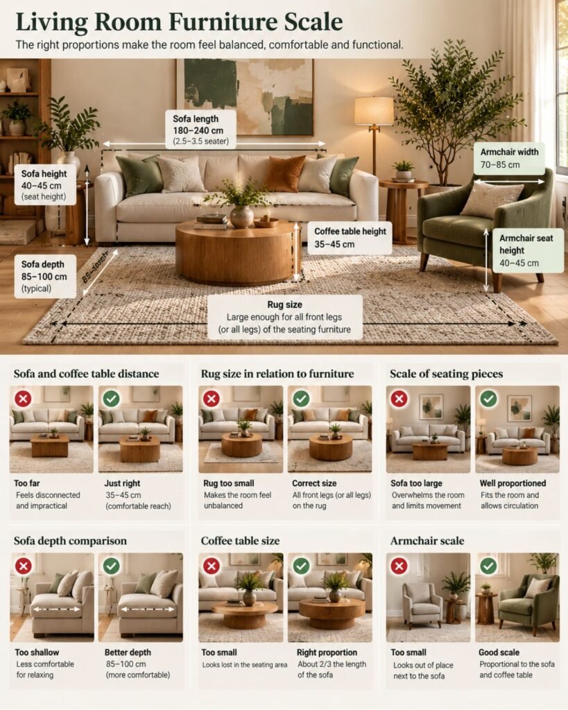 Living room comparison showing correctly scaled sofa, chairs, coffee table and rug working as one furniture group