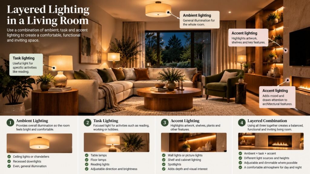 Living room at night demonstrating ambient ceiling light, task lighting beside seating and accent lighting on artwork and shelving