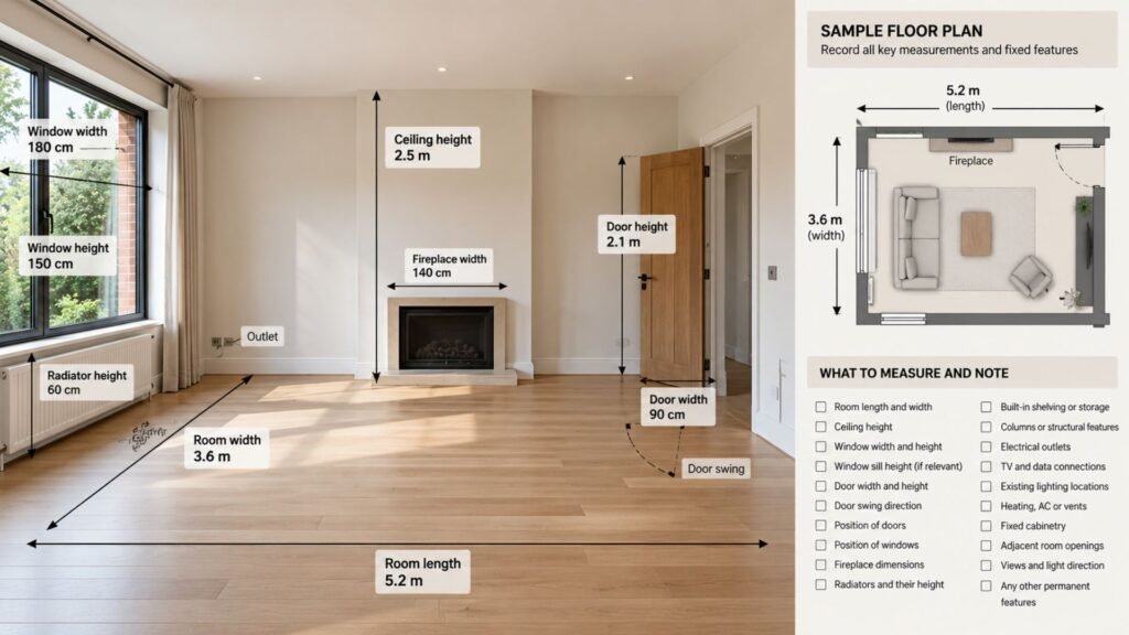 Living room measurement diagram showing walls, windows, doors, fixed features and key room dimensions before furniture is added