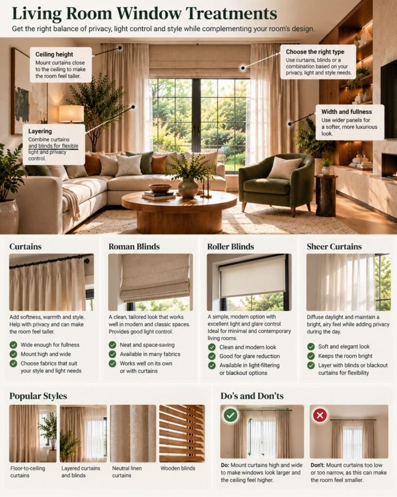 Living room showing curtains and blinds integrated with window proportions, furniture palette and daylight requirements