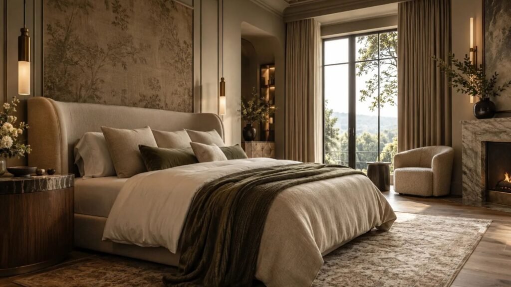 Modern luxury bedroom with a striking upholstered bed, architectural timber detailing and carefully layered lighting
