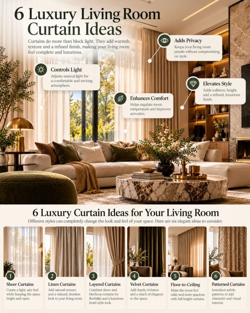 Elegant living room with substantial full-length curtains framing tall windows and coordinating with the room's furniture and architecture