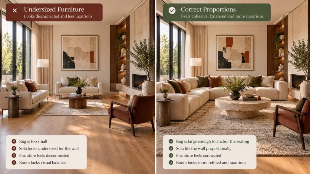 Side-by-side luxury living room comparison showing undersized furniture versus correctly scaled furniture and rug