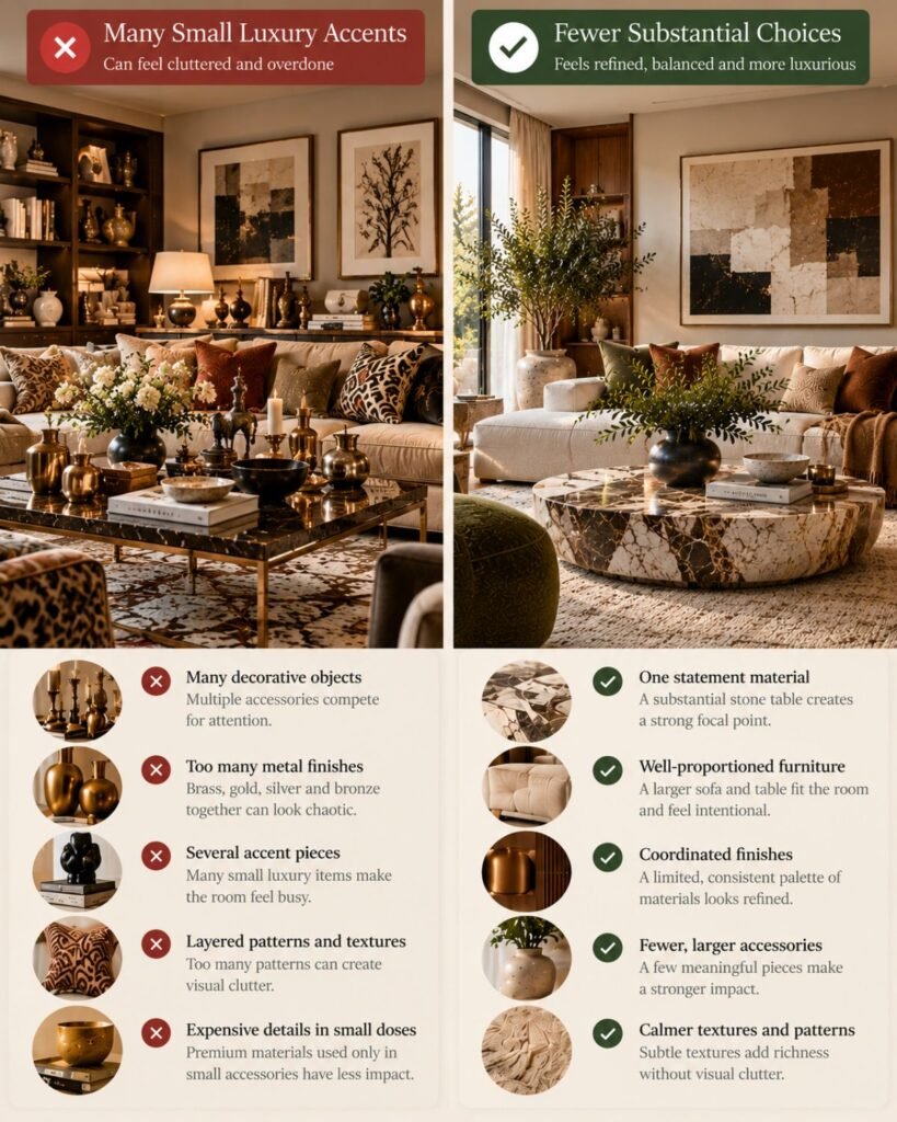 Luxury living room comparison showing many small premium accents versus fewer substantial high-impact design choices
