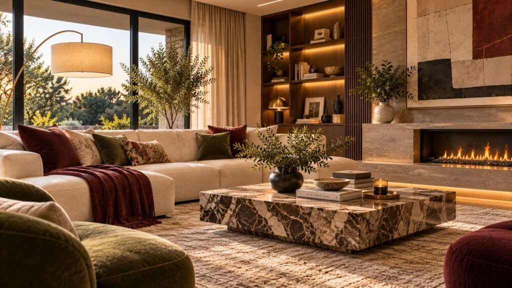 Sophisticated luxury living room ideas with substantial furniture, layered lighting, rich materials and restrained decorative details