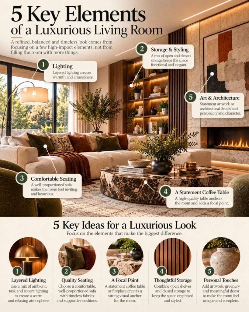 Luxury living room at night with layered ceiling, wall, floor and table lighting emphasizing artwork and material textures