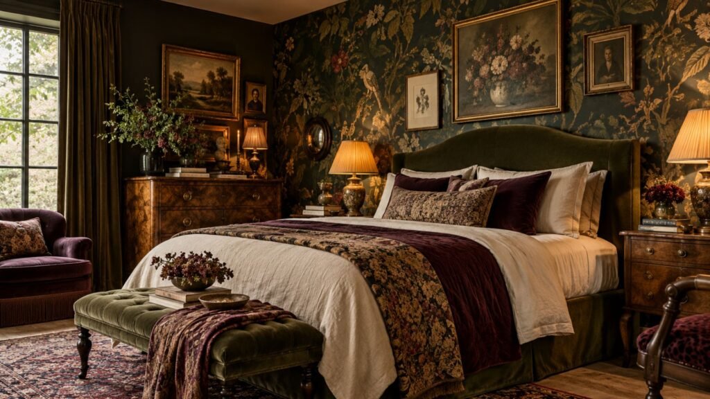 Collected maximalist luxury bedroom with botanical wallpaper, antique furniture and layered artwork