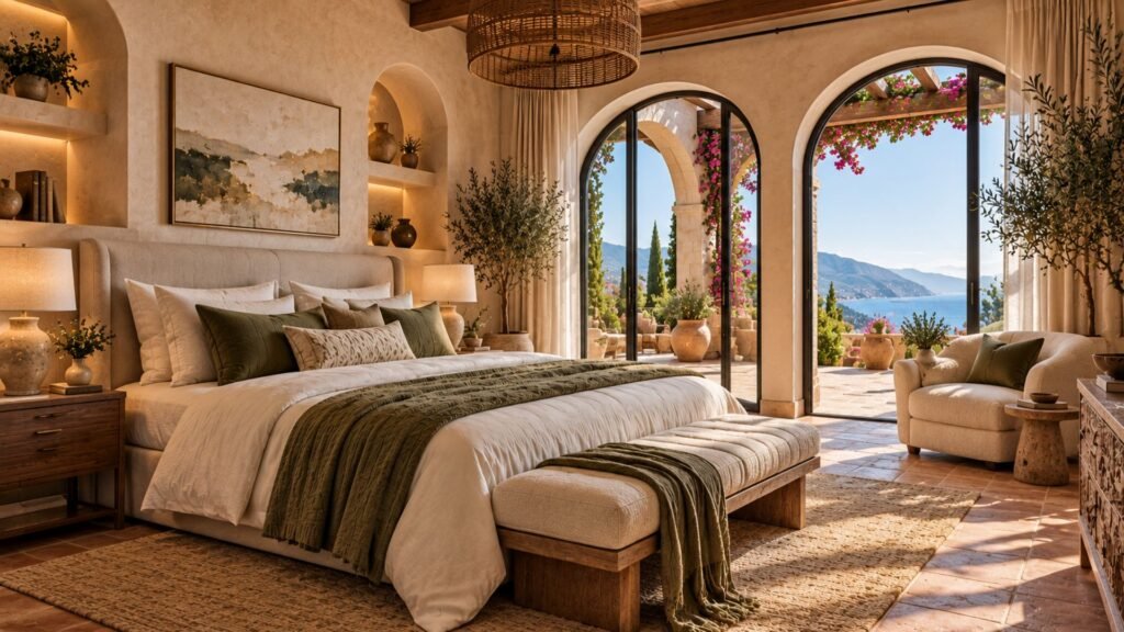 Mediterranean luxury bedroom with limewashed plaster walls, terracotta flooring and arched garden views