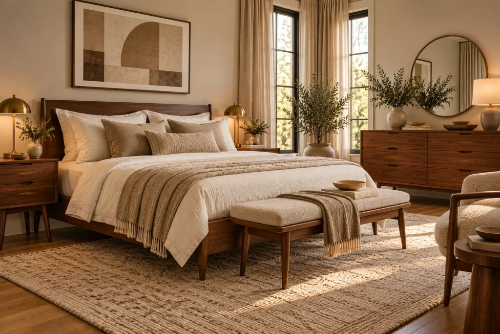 Mid-century neutral bedroom with a walnut platform bed, ivory coverlet and low vintage dresser.