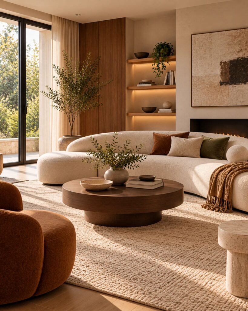 Minimalist living room with a curved upholstered sofa balanced by simple straight-lined tables and cabinetry