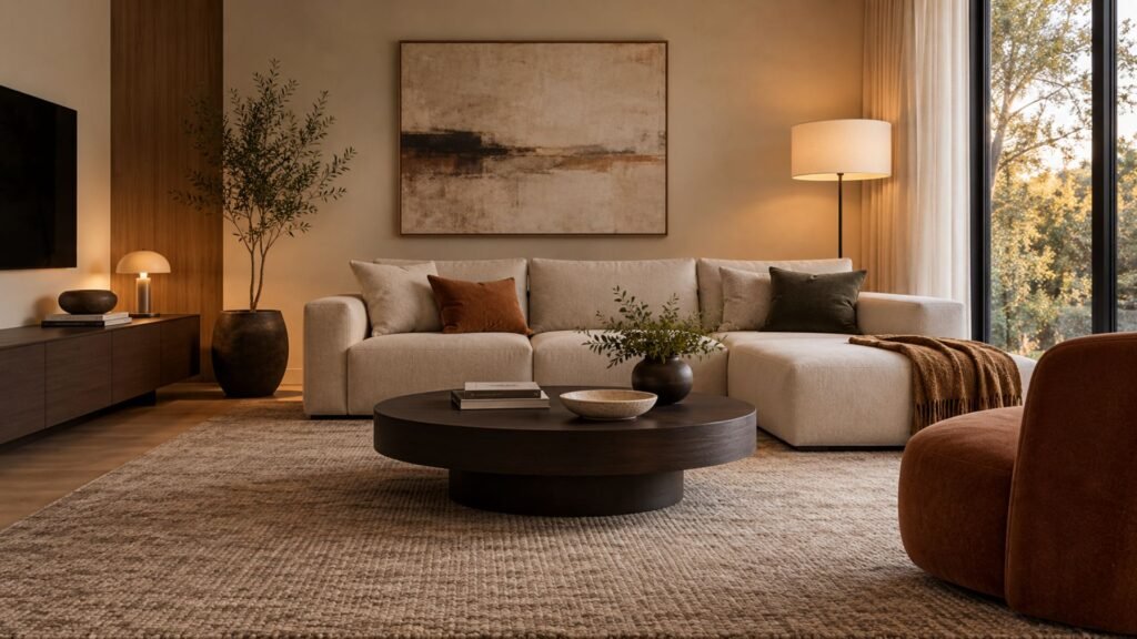 Warm minimalist living room ideas with comfortable upholstered seating, restrained furniture, soft lighting and a few carefully placed objects