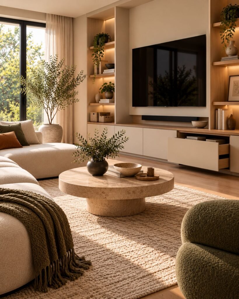 Minimalist living room storage with closed cabinetry concealing everyday items and a small selection of books and objects left visible