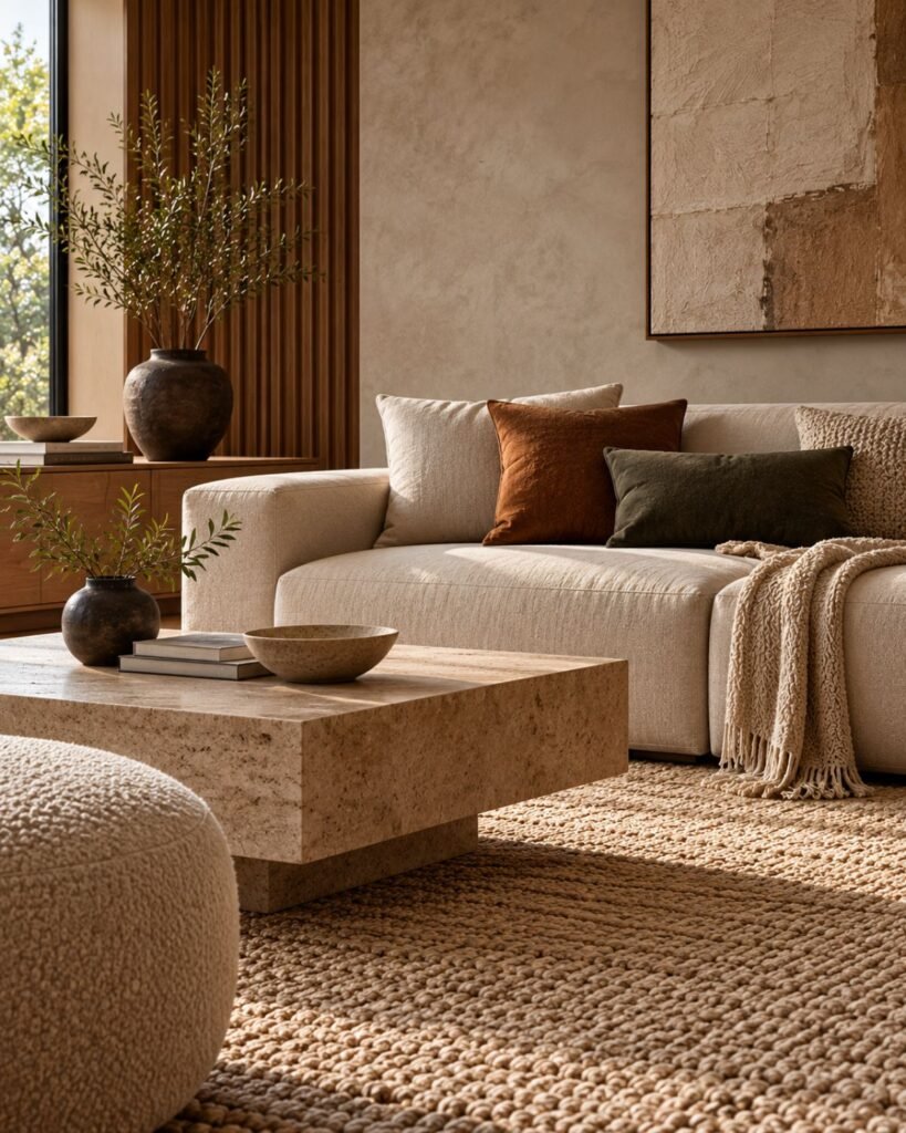 Minimalist living room combining smooth walls with tactile upholstery, a woven rug and subtly varied material finishes