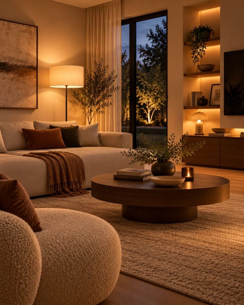 Warm minimalist living room at night with a floor lamp and table lamp creating separate pools of soft light