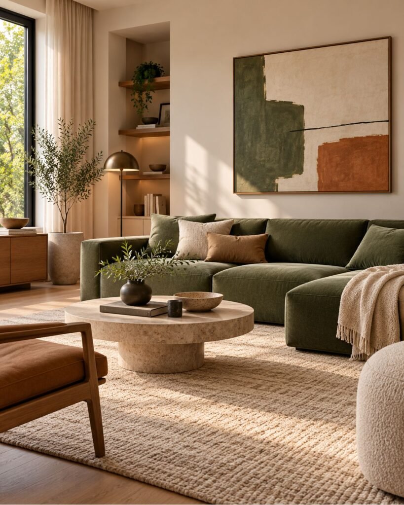 Minimalist living room using muted color in the sofa and artwork while keeping furniture and accessories visually restrained