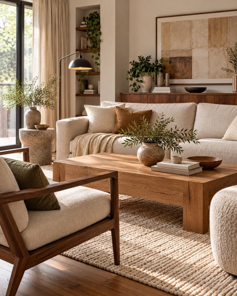 Organic modern living room mixing dominant pale oak with restrained darker walnut accents