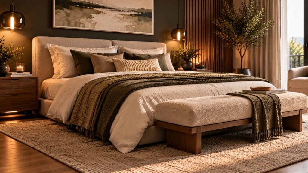 Light modern bedroom using controlled black accents to create contrast against warm neutral finishes