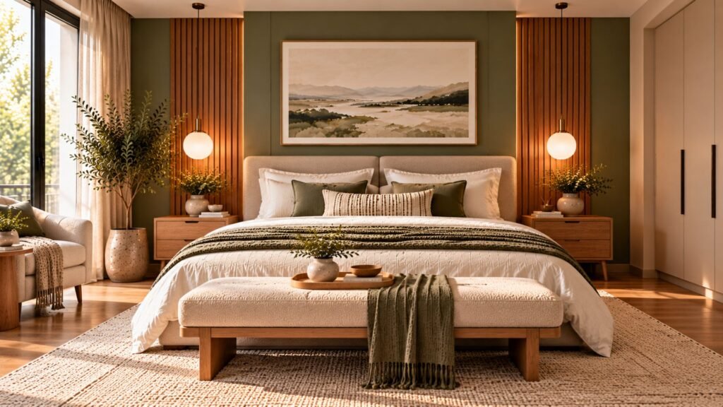 Modern bedroom organized around one strong architectural headboard wall with restrained supporting furniture